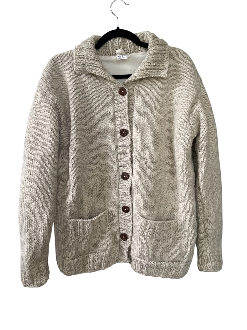 AMULET Handmade Wool Button-Front Fleece Lined Cardigan Sweater Jacket L